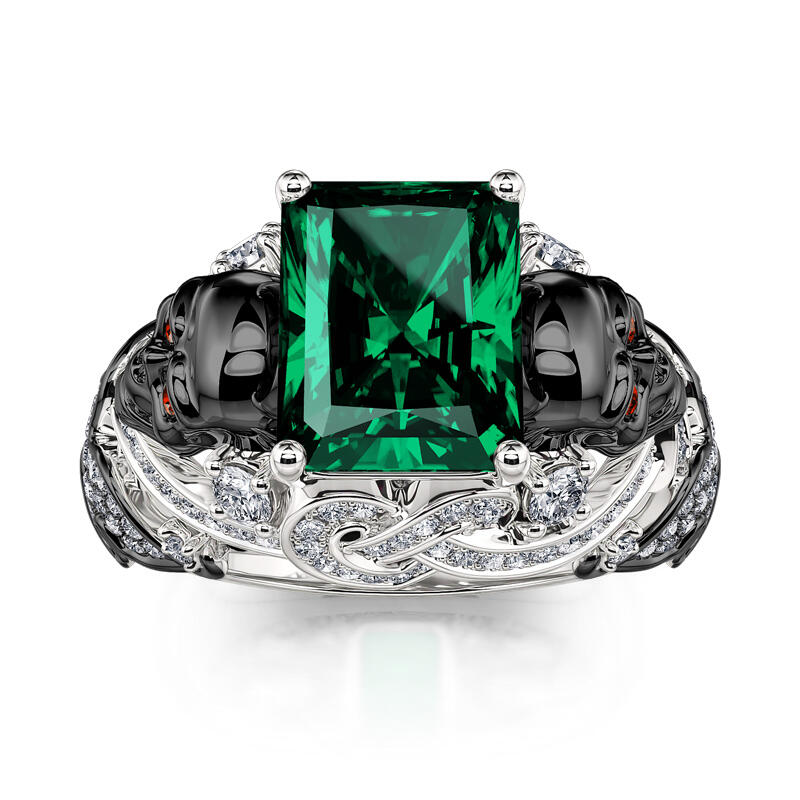 Jeulia Anillo de Plata de Ley Diseño Calavera y Mariposa con Corte Esmeralda