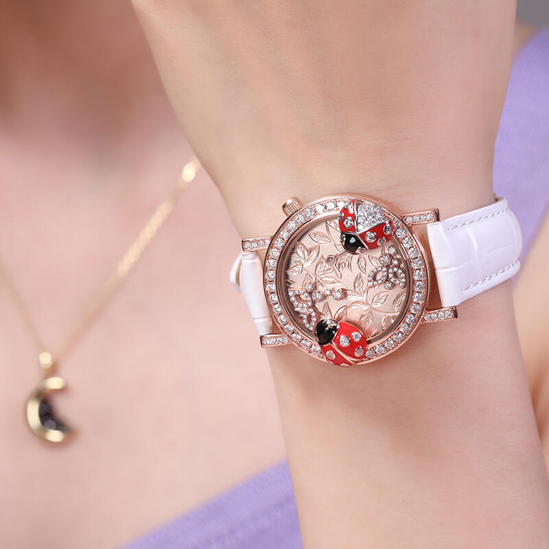 Jeulia "Vivid Natural" Ladybug Design Quartz White Leather Women's Watch
