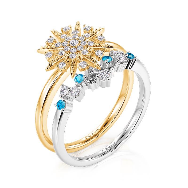 Jeulia Luna Astra Two Tone Starburst Puzzle Ring Set Sterling Silver