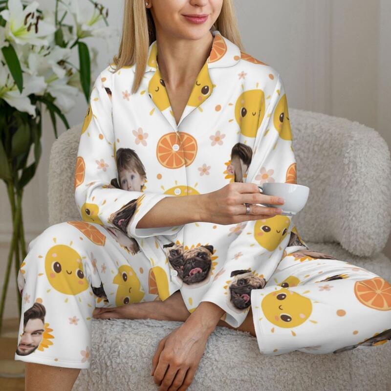 Pijamas personalizados con foto de cara personalizada, diseño de lindo patrón de sol, regalo exquisito para su familia