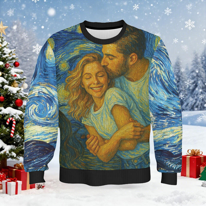 Personalisierter hässliche Weihnachtspullover Unisex Individuelles Foto Sternennacht-Kunststil-Design Kreatives Geschenk für Paare