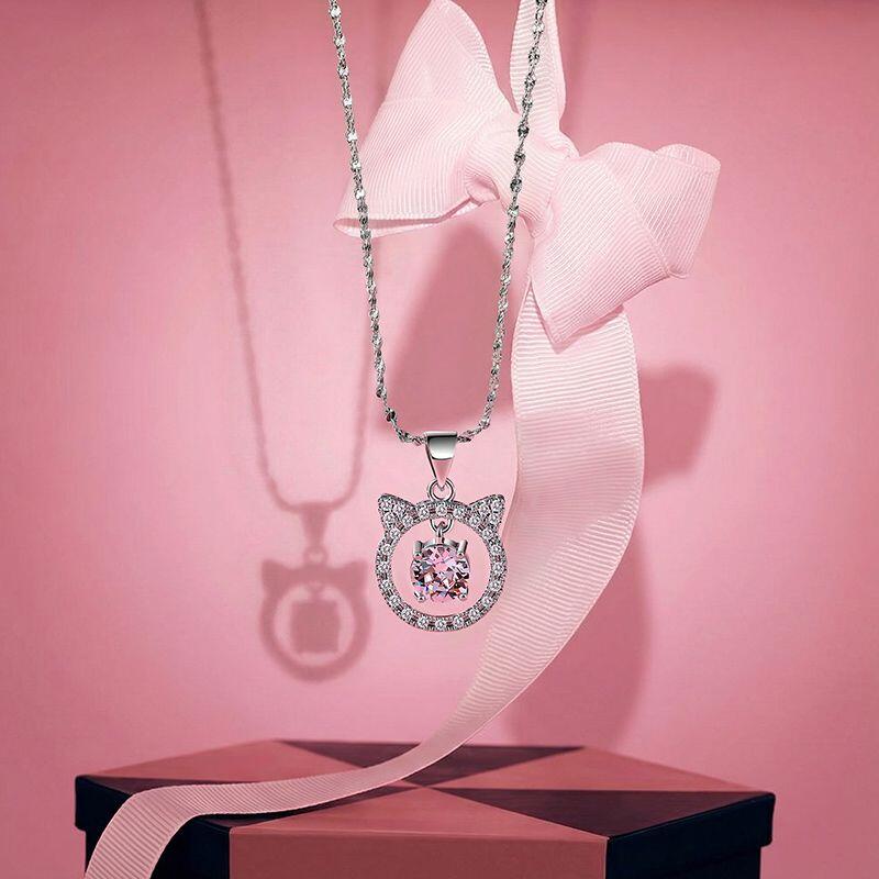 Hollow Cat Necklace with Pink Stone