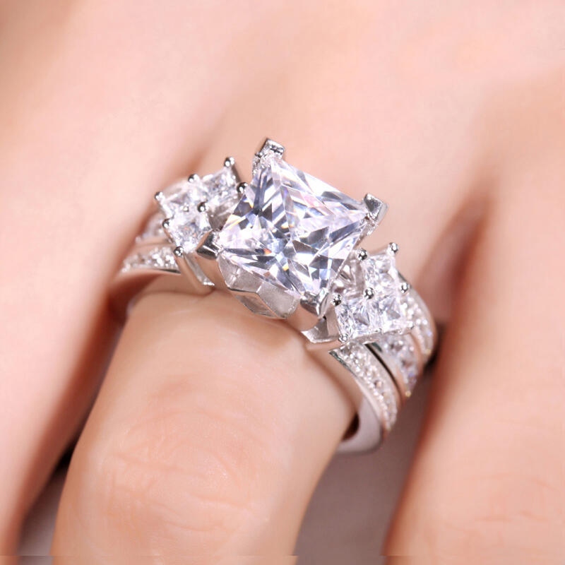 Juego De Anillo De Corte Princesa En Plata De Ley