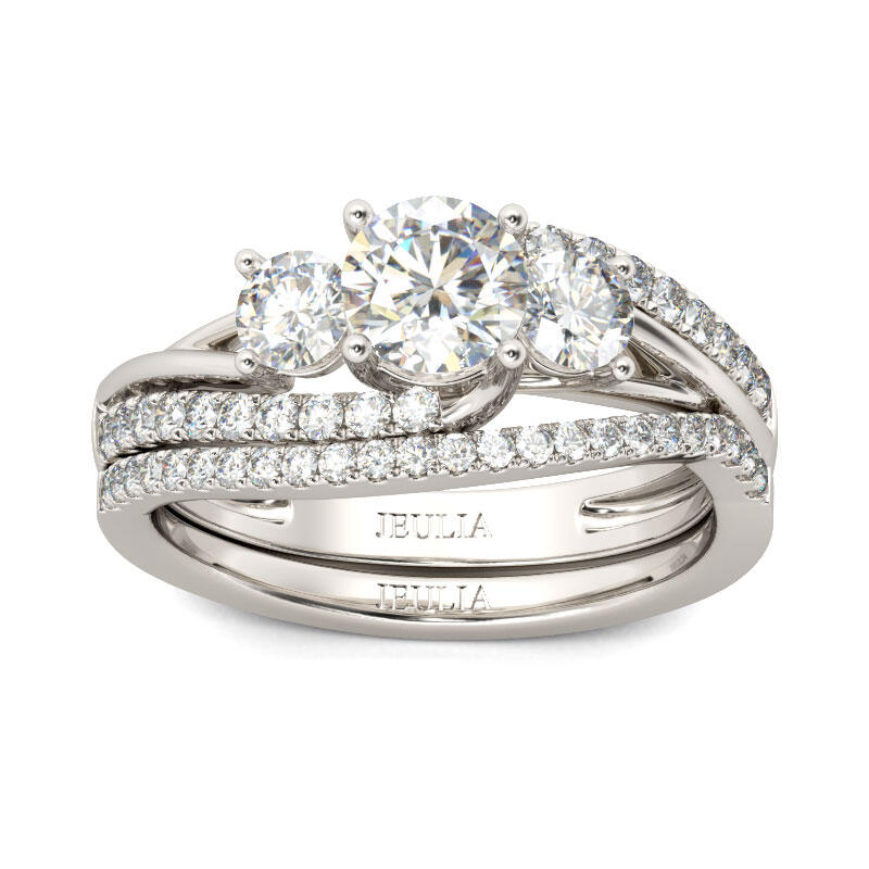 Jeulia Three Stone Round Cut Sterling Silver Ring Set
