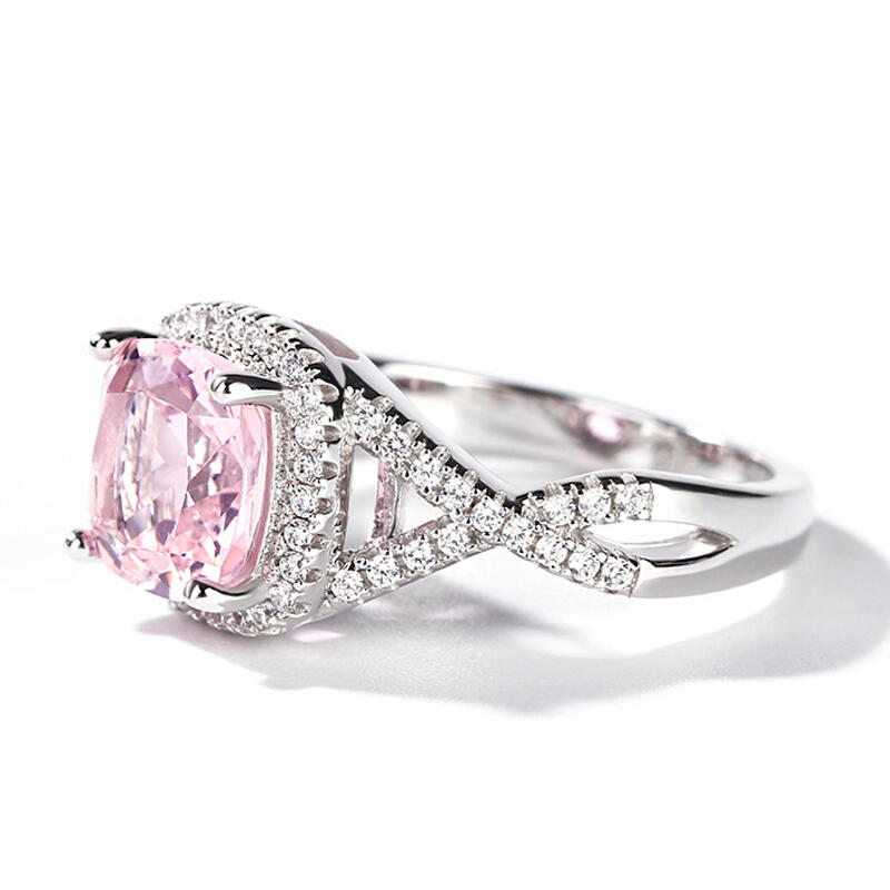 Jeulia Twist Halo Cushion Cut Synthetic Morganite Sterling Silver Ring