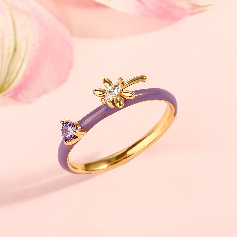 Jeulia Dragonfly Purple Enamel Sterling Silver Ring