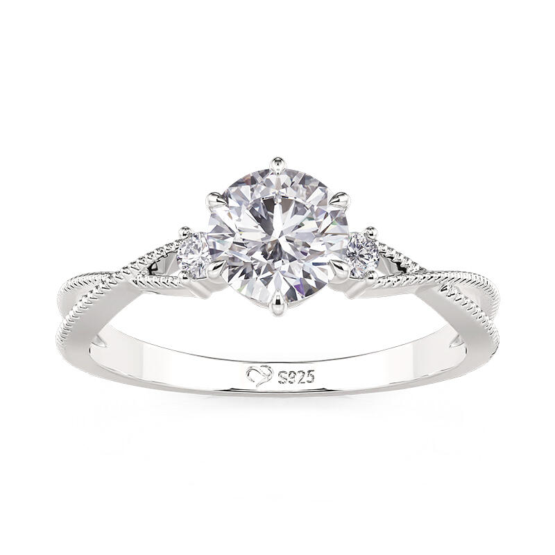 Jeulia Three Stone Engagement Ring Twist Milgrain Round Cut Sterling Silver