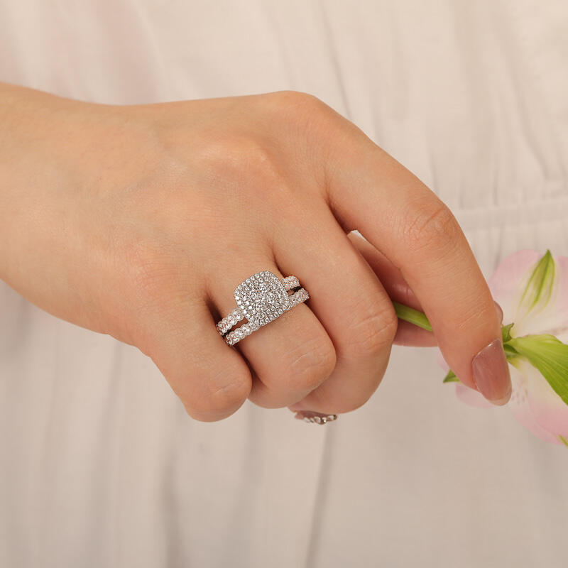 Jeulia Double Halo Cluster Ring Set with Eternity Band Sterling Silver