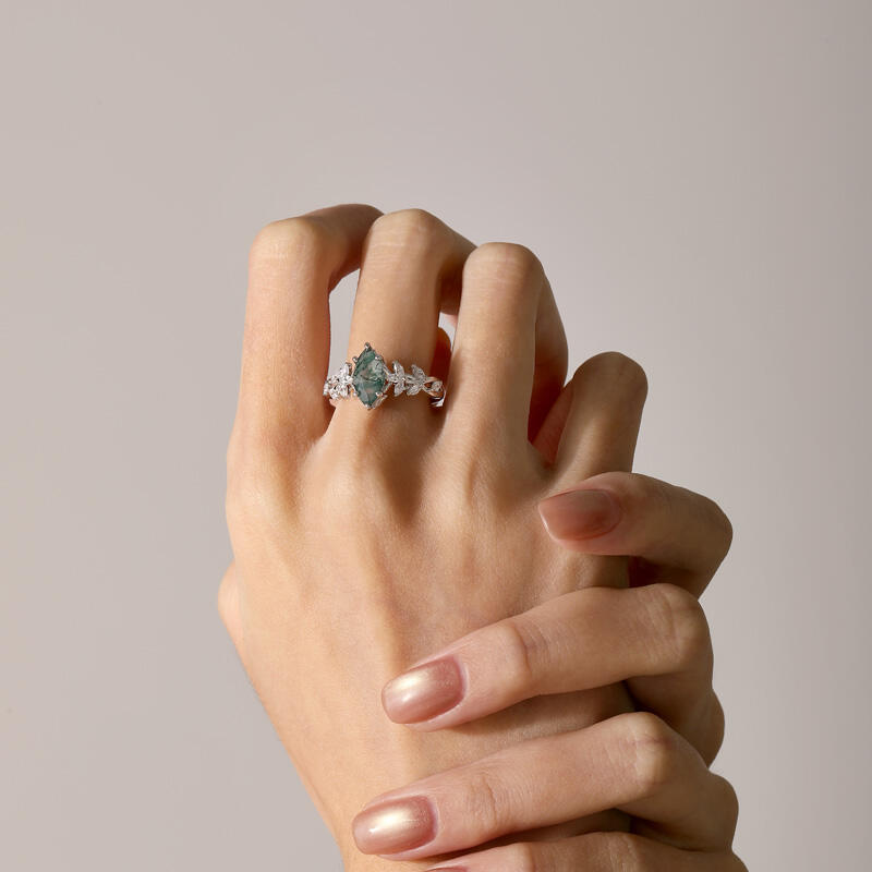 Jeulia Twist Marquise Cut Moss Agate Engagement Ring