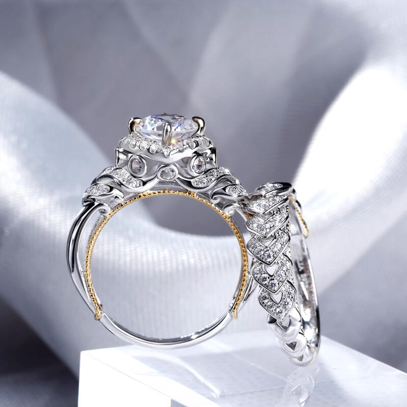 Jeulia Conjunto De Anillos Con Halo Moderno De Talla Redonda En Plata De Ley