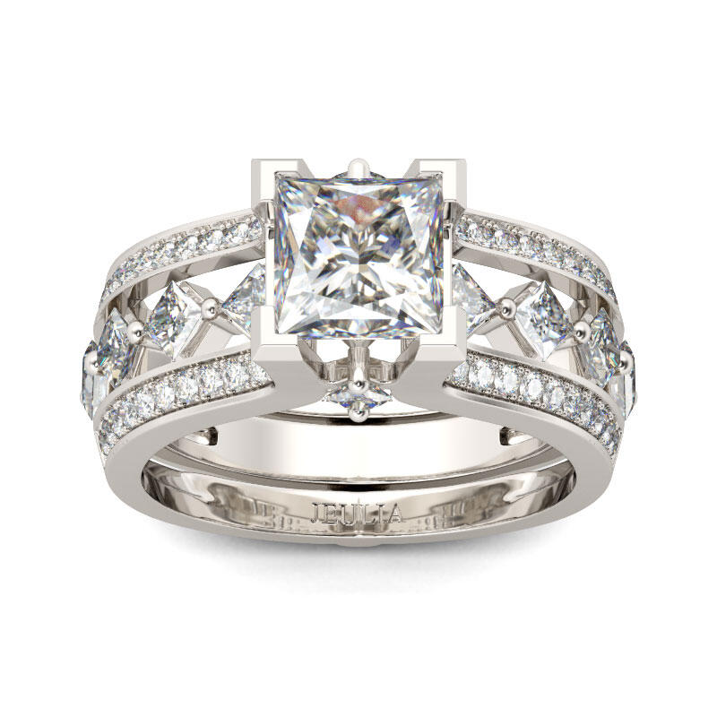 Jeulia Conjunto De Anillos Geométricos De Talla Princesa En Plata De Ley