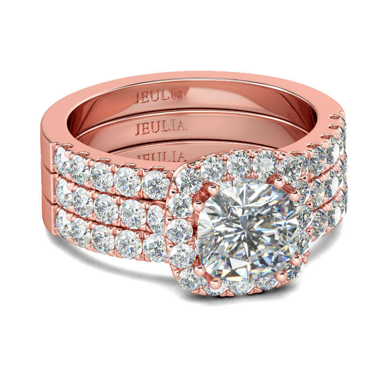 Jeulia 3PC Rose Gold Tone Halo Cushion Cut Sterling Silver Ring Set