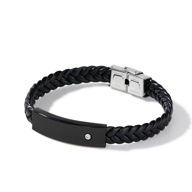 Jeulia Rhinestone Stainless Steel Leather Men's Bracelet