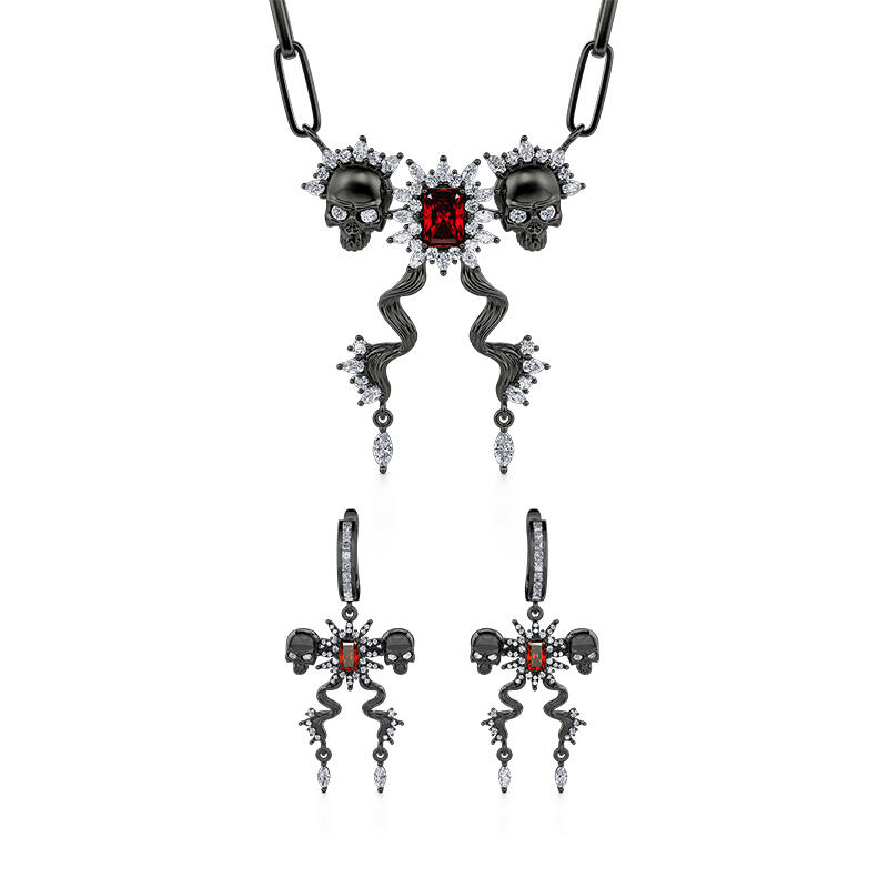 Jeulia "Death Stare" Two Skull Design Sterling Silver Jewelry Set