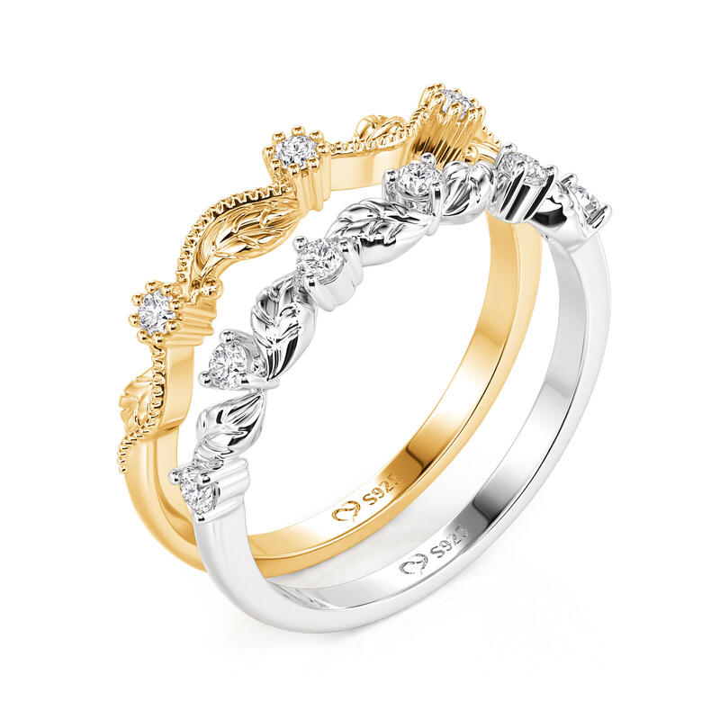 Jeulia Everyday Two Tone Leaf and Flower Stackable Ring Set