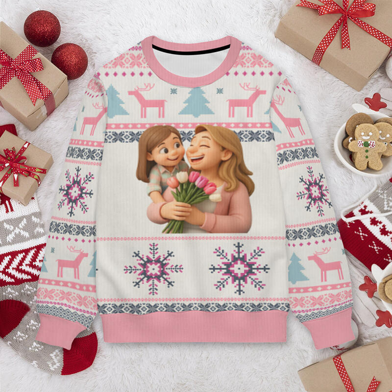 Personalized Ugly Sweater Unisex Custom Photo Cartoon Style Design Exquisite Christmas Gift for Her Mom