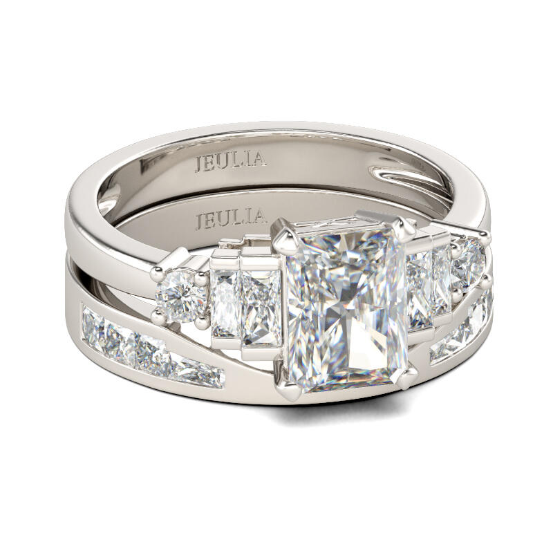 Jeulia Contemporary Design Radiant Cut Sterling Silver Ring Set