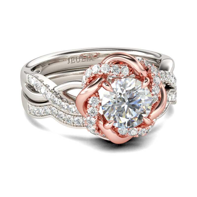Jeulia Two Tone Twist Floral Round Cut Sterling Silver Ring Set