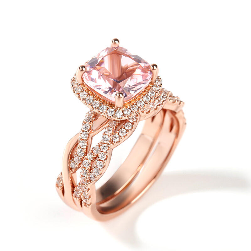 Jeulia Twist Halo Cushion Cut Synthetic Morganite Sterling Silver Ring Set