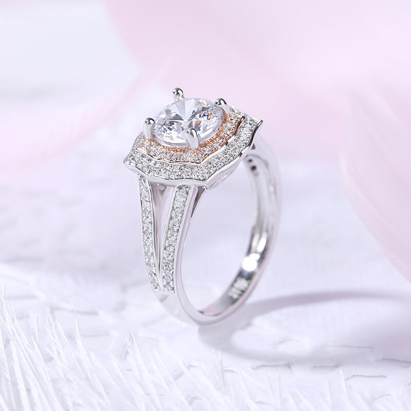 Jeulia Anillo de plata esterlina con halo redondo de dos tonos