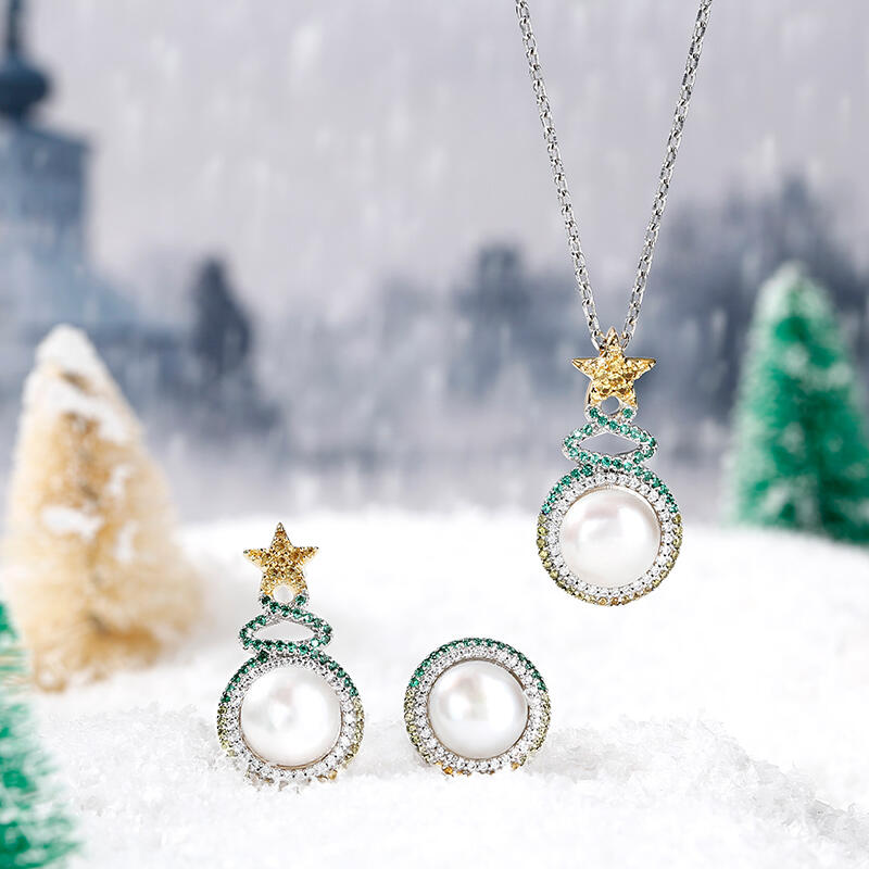 Jeulia "Christmas Tree" Cultured Pearl Sterling Silver Jewelry Set