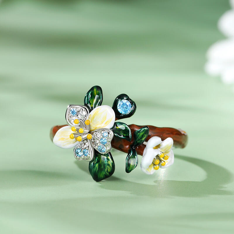 Jeulia "Almond Blossoms" Enamel Sterling Silver Ring