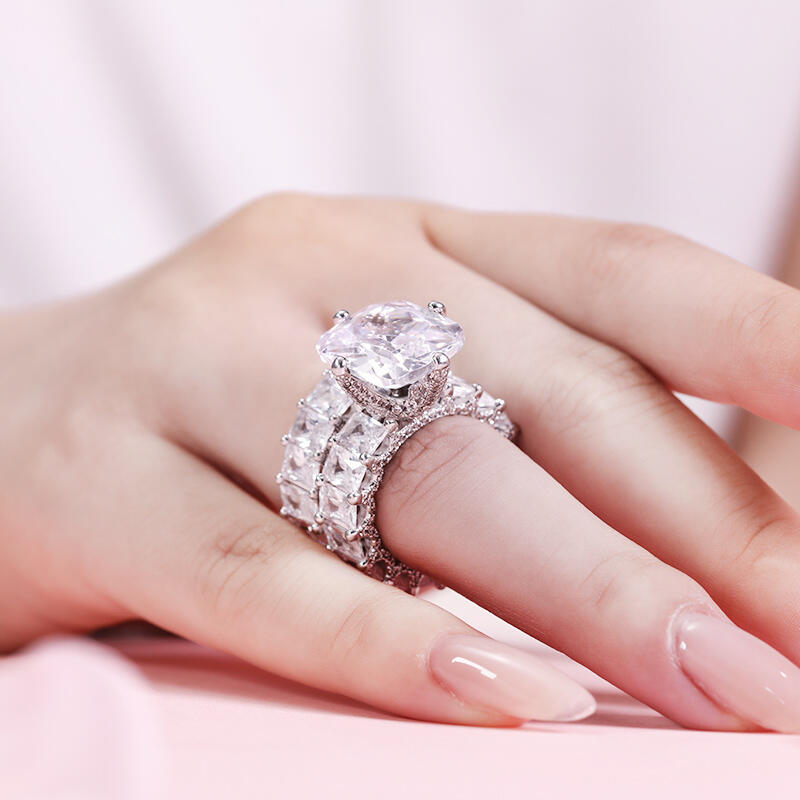 Jeulia Cushion Cut Three Sided Pave Sterling Silver Eternity Ring Set