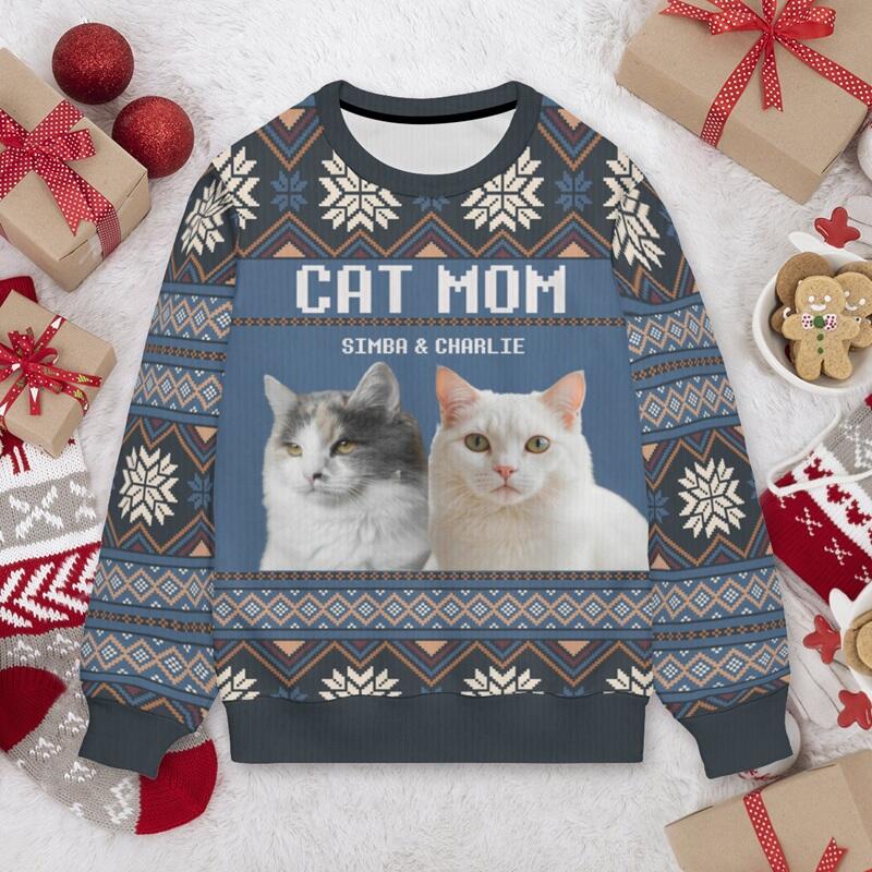 Personalized Ugly Sweater Unisex Custom Pet Photos Festive Blue Design Perfect Christmas Gift for Pet Lovers