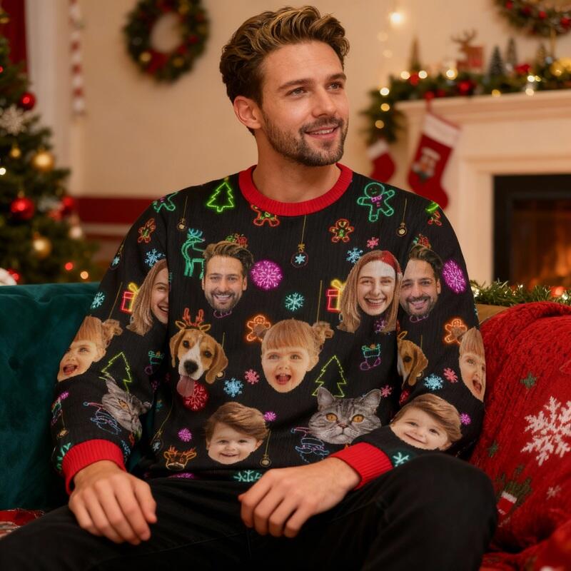 Gepersonaliseerde lelijke trui Unisex Op maat gemaakte foto Glanzend patroon Ontwerp Kerstcadeau voor het gezin
