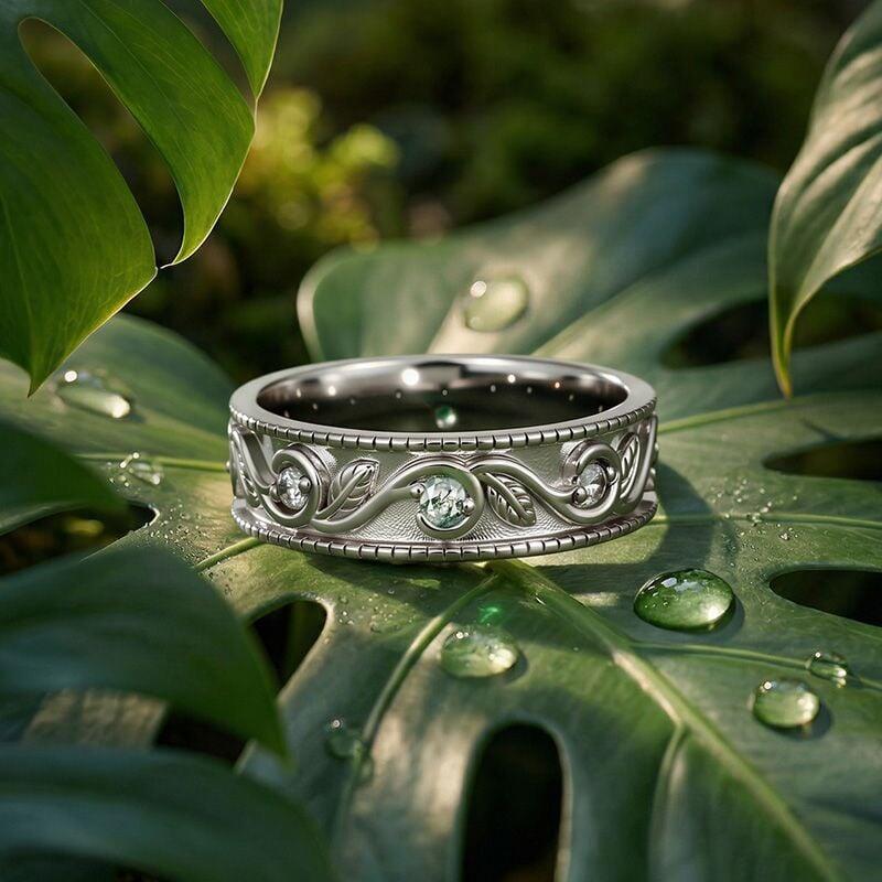 Jeulia Curled Leaf Twist Moss Agate Wedding Ring for Men