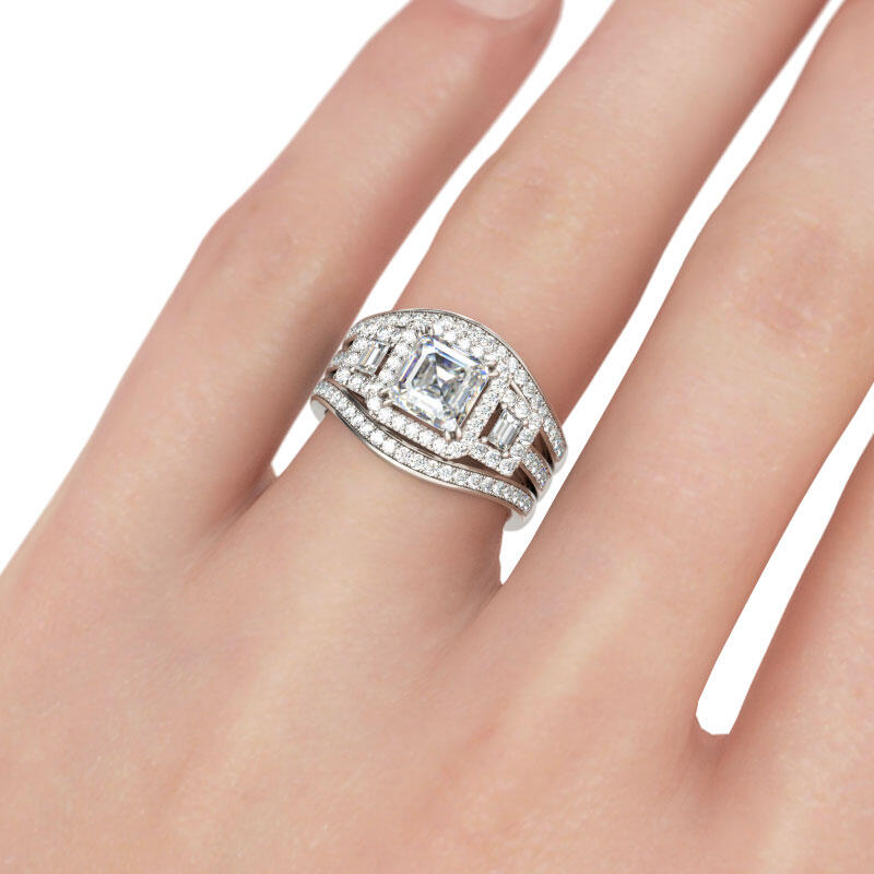 Jeulia Halo Three Stone Asscher Cut Sterling Silver Ring Set