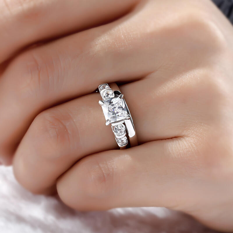 Jeulia Contemporary Design Asscher Cut Sterling Silver Ring Set