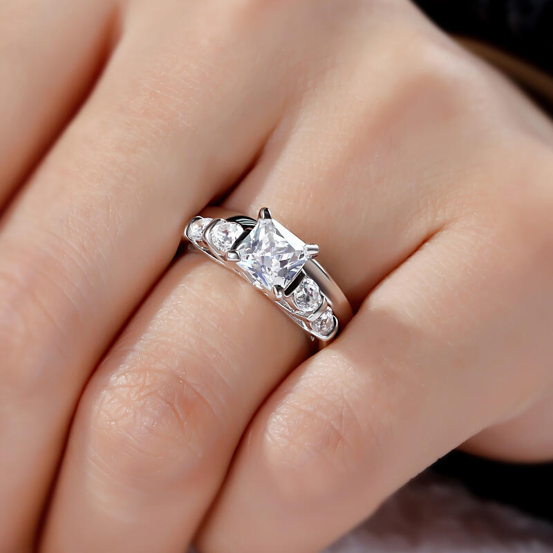 Jeulia Contemporary Design Asscher Cut Sterling Silver Ring Set