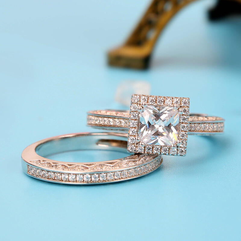Jeulia Halo Princess Cut Sterling Silver Ring Set