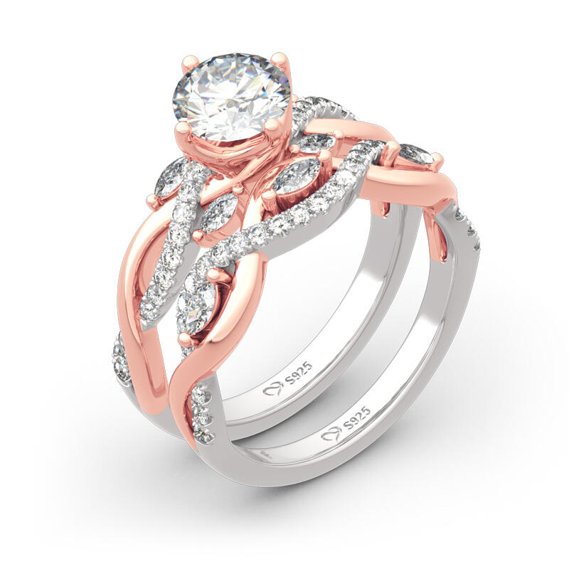 Jeulia Conjunto De Anillo De Plata Esterlina Con Corte Redondo Bicolor Torceido