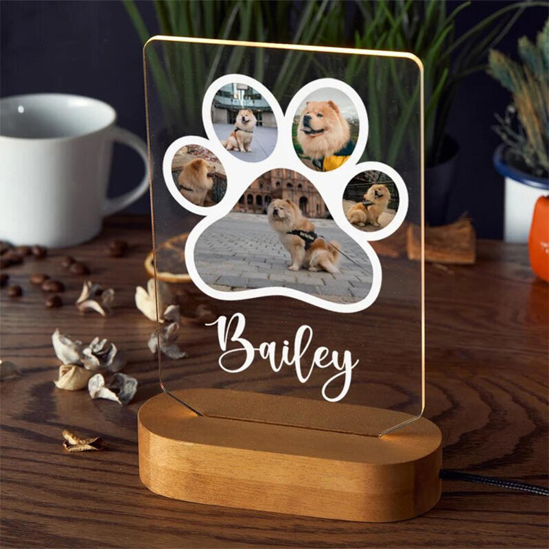 Personalized Pet Paw Print Acrylic Night Light with Wood Stand