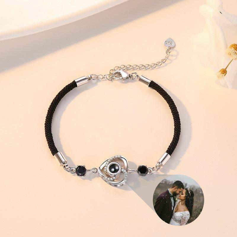 ハート 投影 写真 写真入れ 紐 ブレスレット 編み込む ブラック