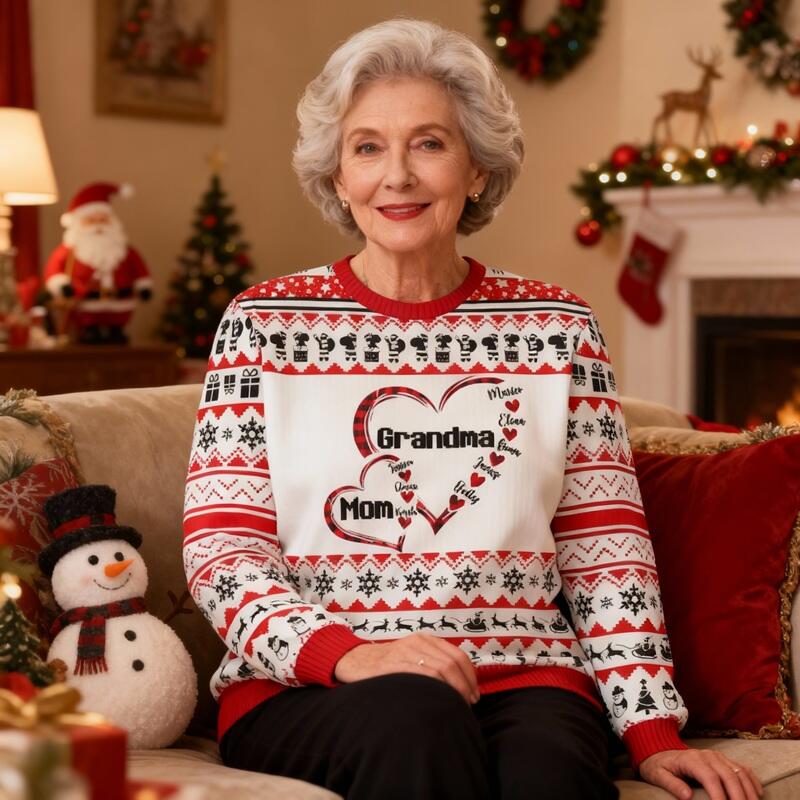 Personalized Ugly Sweater Unisex Custom Kids Name Heart Design Perfect Christmas Gift for Mom and Grandma