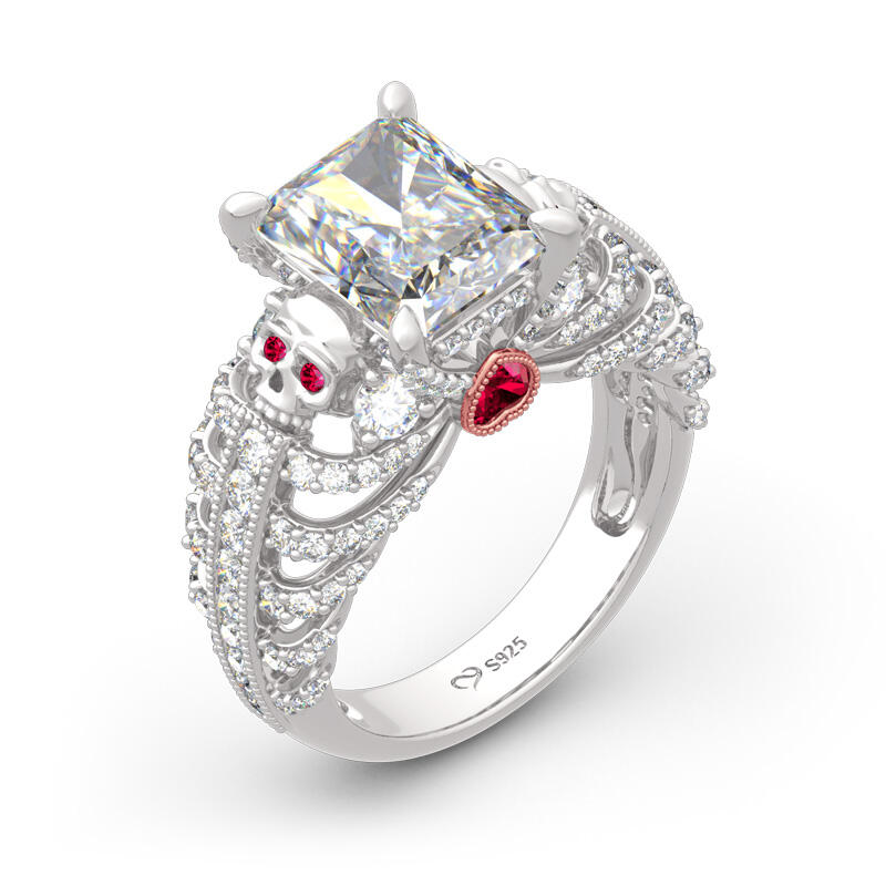Jeulia Radiant Cut Skeleton Heart Sterling Silver Skull Ring