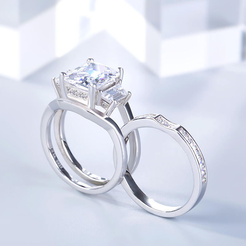 Jeulia Three Stone Radiant Cut Sterling Silver Ring Set