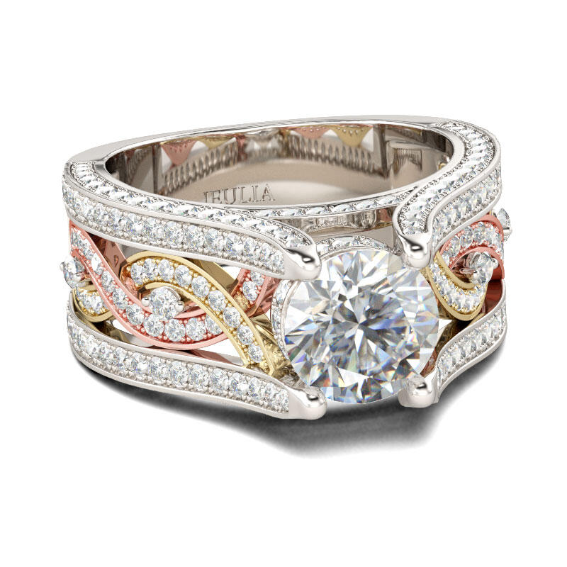 Jeulia Three Tone Round Cut Sterling Silver Ring