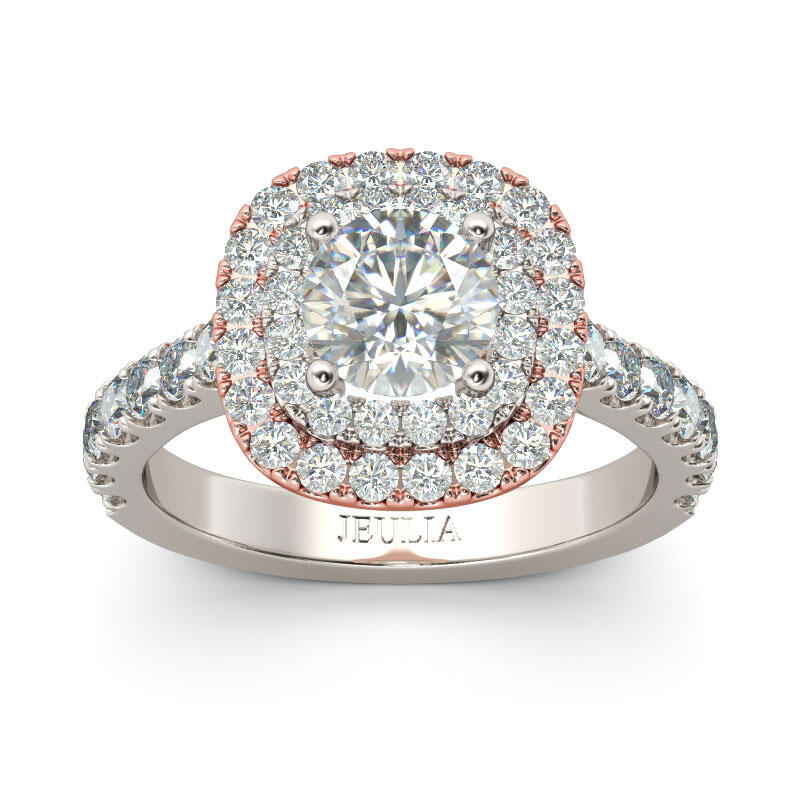 Jeulia Anillo Clásico Con Halo De Dos Tonos De Talla Redonda En Plata De Ley