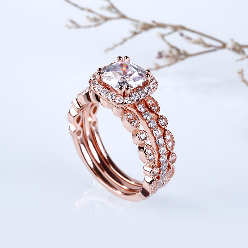 جوليا طقم خواتم هالة الفضة الإسترليني بقطع مربع مجموعة من ثلاث حلقات