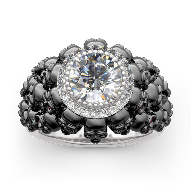 Jeulia Anillo De Calavera De Plata Esterlina Con Talla Redonda De Dos Tonos Con Halo