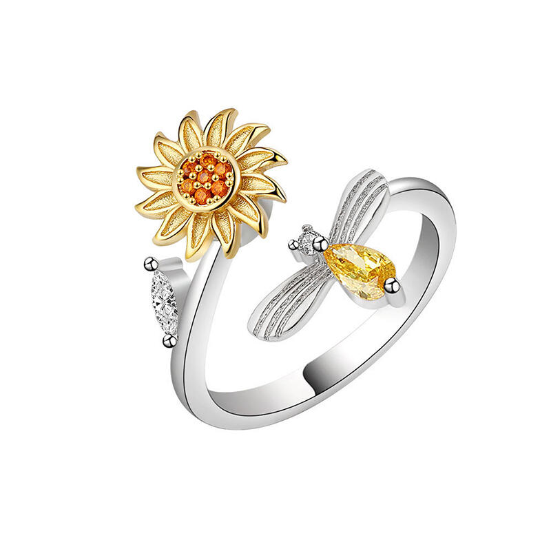 Jeulia Sunflower&Bee Rotating Soothe Sterling Silver Adjustable Open Ring