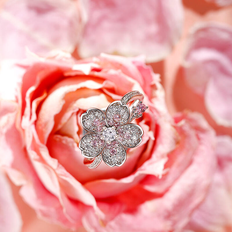 Jeulia Anillo grande de flor de cerezo de plata de ley