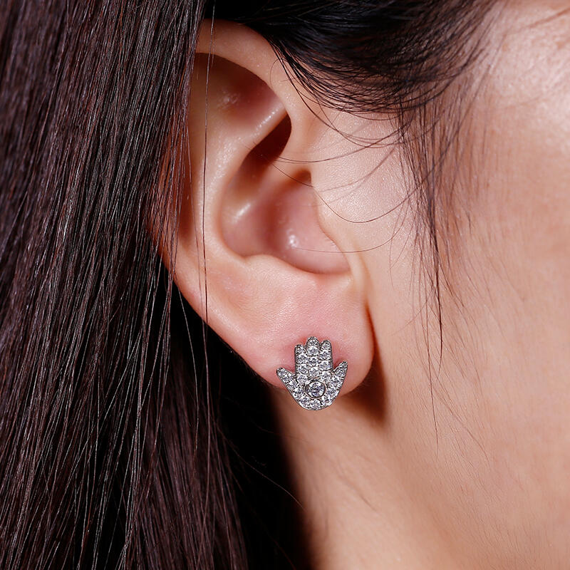 Jeulia "Hamsa and Evil Eye" Asymmetric Sterling Silver Stud Earrings