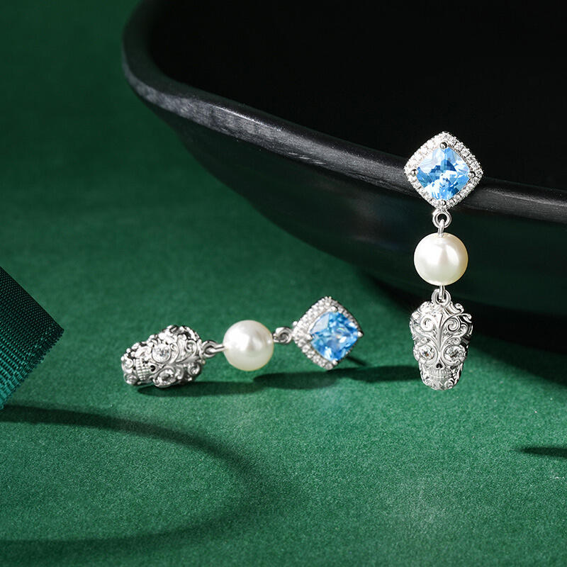 Jeulia "Departed Soul" Sugar Skull Cultured Pearl Sterling Silver Earrings