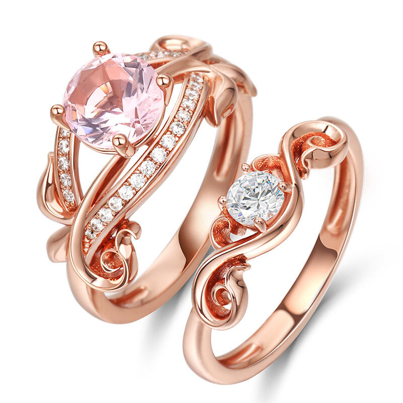 Jeulia "Art Deco" rundslipad syntetisk Morganit sterling silver ring set