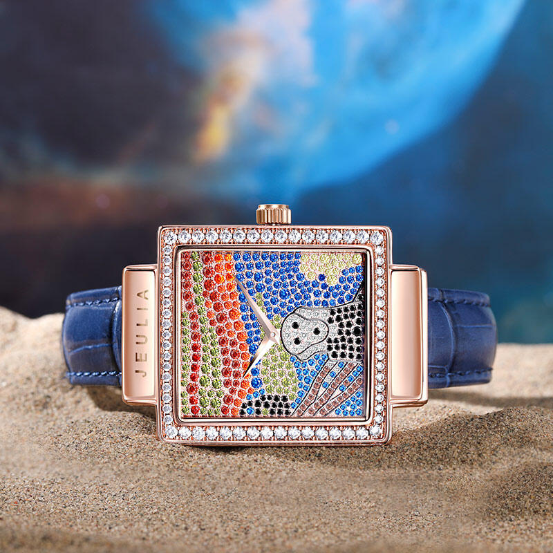 Jeulia "Horror Scream" Ghostface Skull Quartz Blue Leather Watch